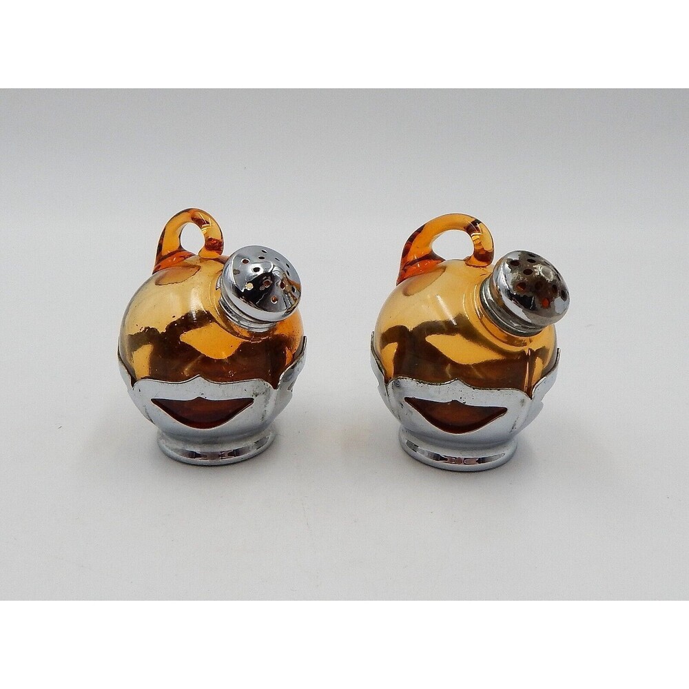 Cambridge Amber Glass Salt Pepper Shakers Krome Kraft Farber Bros Chrome Silver